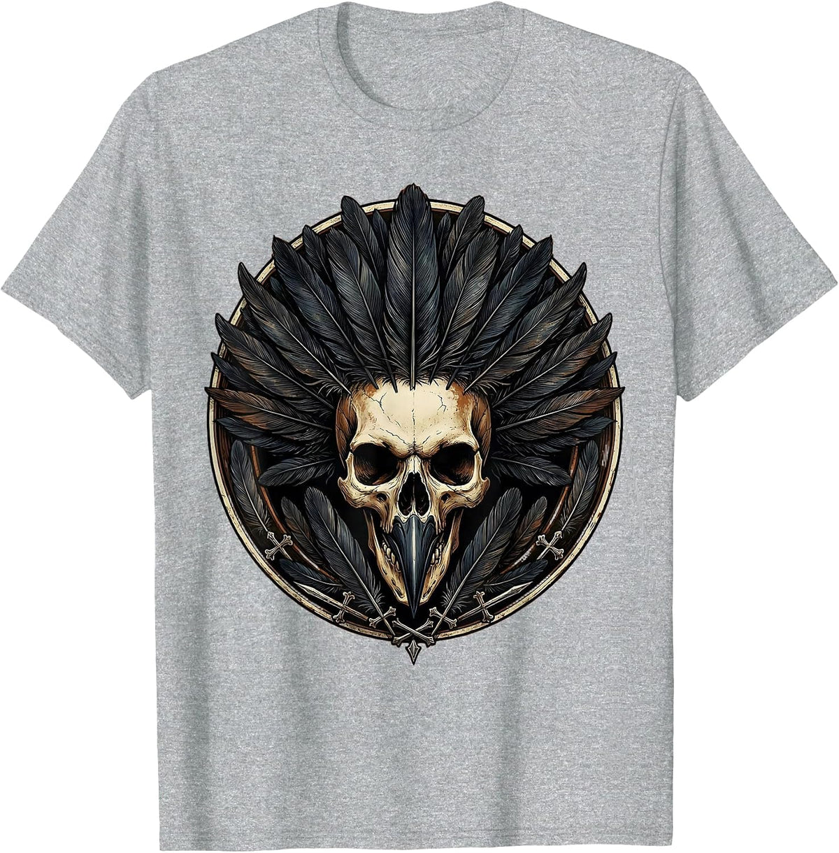 Men's Crow Skull Feather Crown Gothic Art Design T-Shirt - Heather Grey