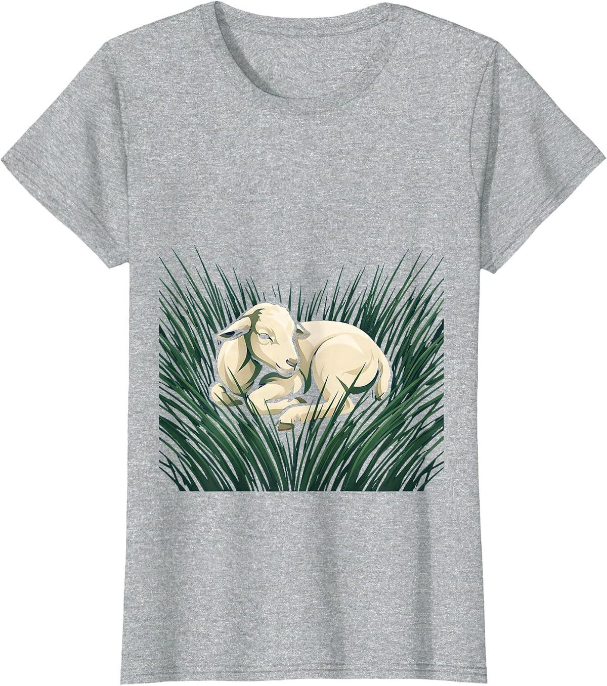 Women's Baby Goat Curled Up In Grass Illustration T-Shirt - Heather Grey