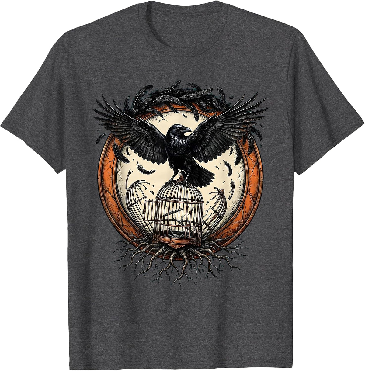 Crow Feathers Broken Cage Freedom Graphic T-Shirt - Dark Heather Grey