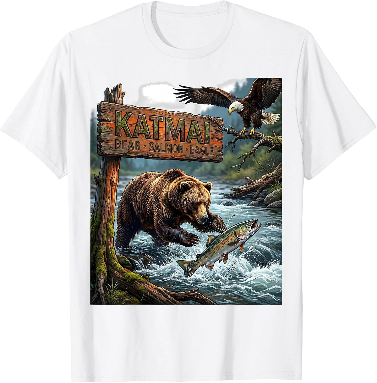 Men's Katmai — Bear, Salmon, Eagle Alaska Wildlife Souvenir State T-Shirt - White
