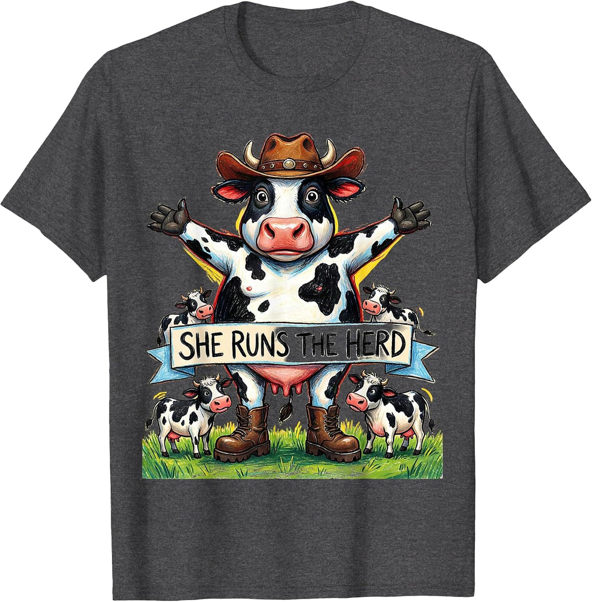 Men's She Runs The Herd Cow Lover Design T-Shirt - Dark Heather Grey