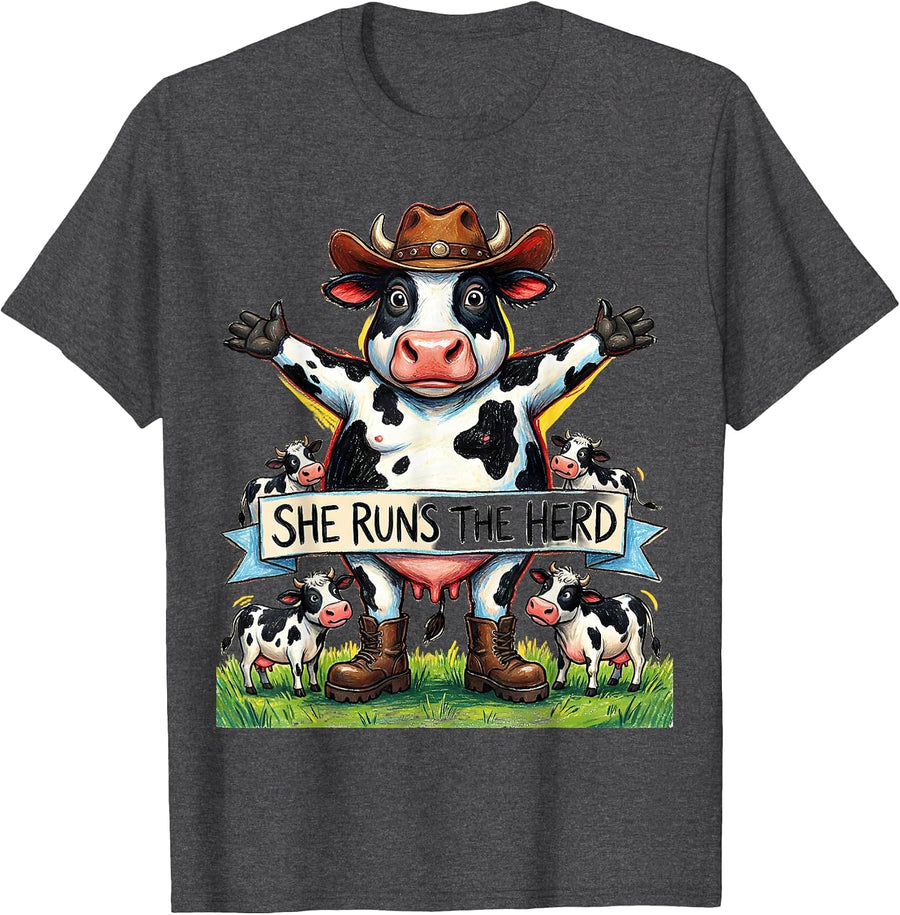 Men's She Runs The Herd Cow Lover Design T-Shirt - Dark Heather Grey