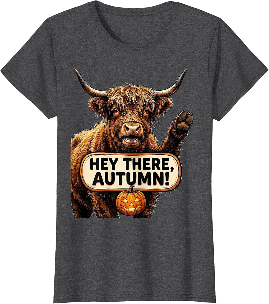 Women's Hey There, Autumn! Whimsical Highland Cow Fall Halloween Pun T-Shirt - Dark Heather Grey