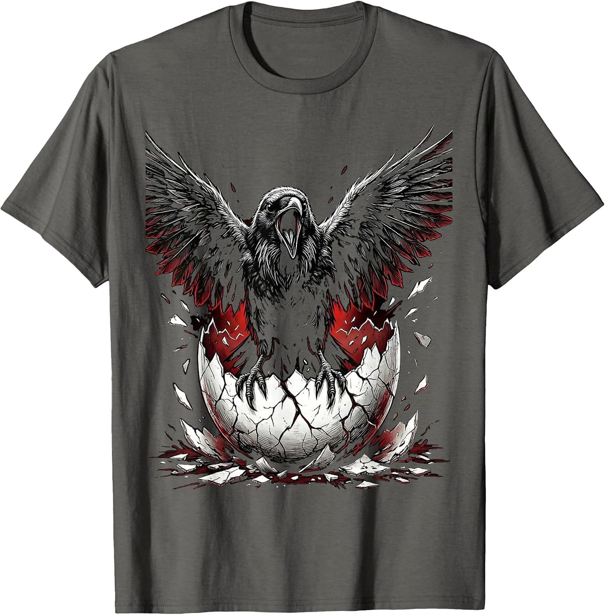 Crow Emerging From Broken Eggshell Illustration T-Shirt - Asphalt Grey