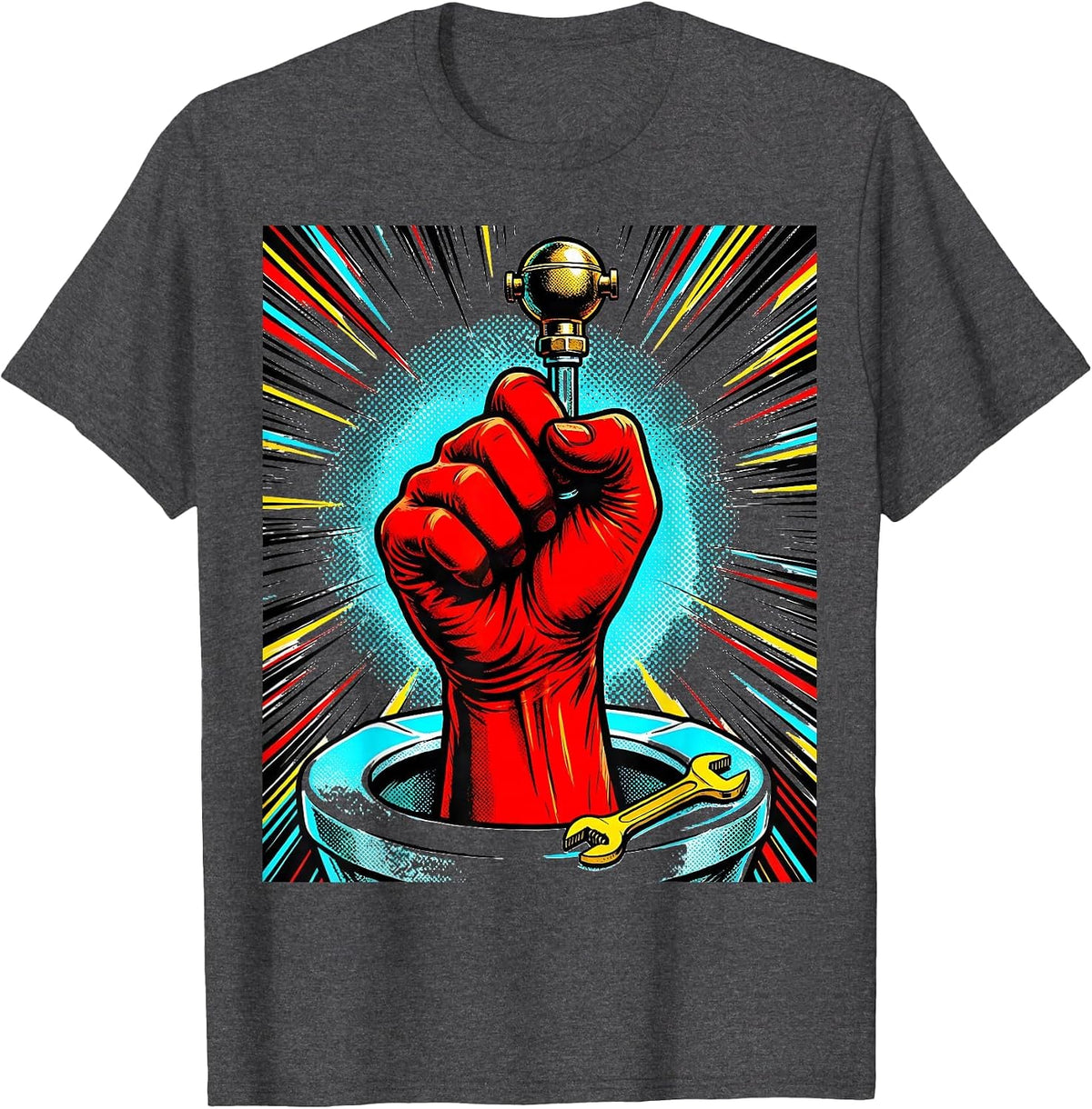 Oversized Comic Gloved Hand Plumber Humor T-Shirt - Dark Heather Grey