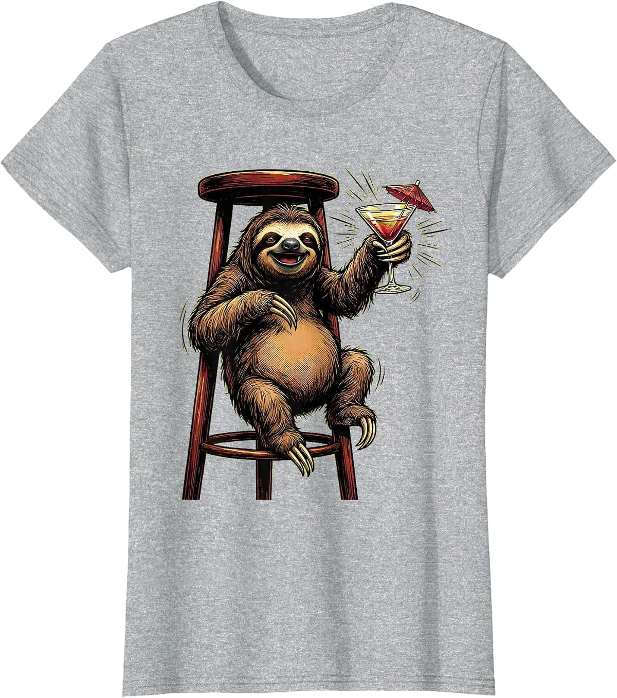 Women's Funny Sloth Hanging at the Bar Cocktail Design T-Shirt - Heather Grey