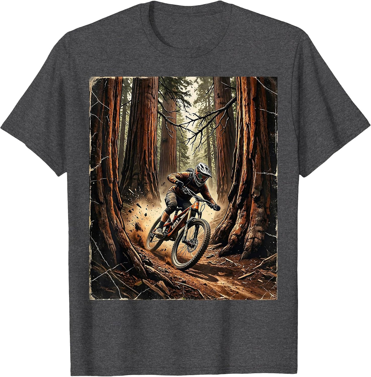 Mountain Biker Weaving Through Redwood Trees T-Shirt - Dark Heather Grey