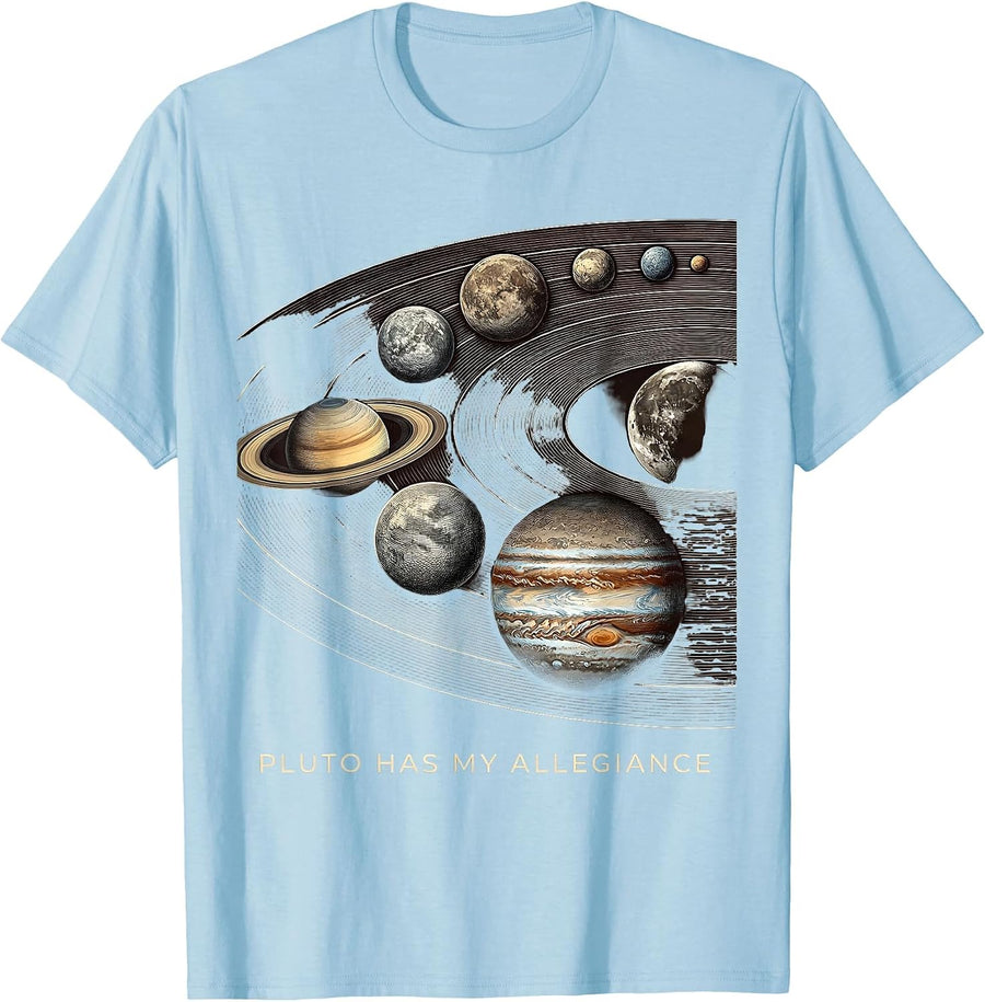 Men's Pluto Has My Allegiance Funny Solar System Space Humor T-Shirt - Baby Blue
