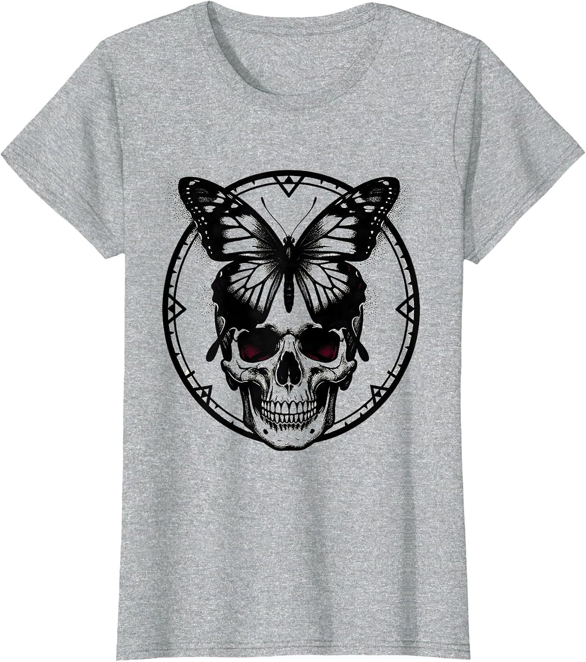 Emo Black Butterfly on Skull Graphic Design T-Shirt - Heather Grey