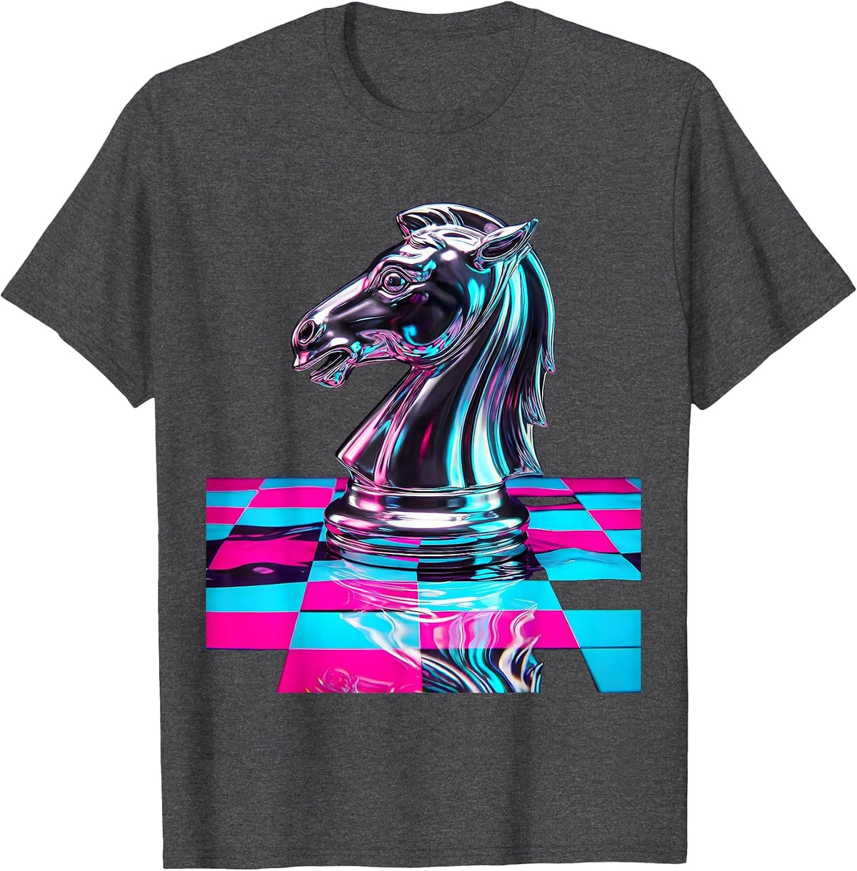 Men's Chess Knight Checkered Board Graphic Design T-Shirt - Dark Heather Grey