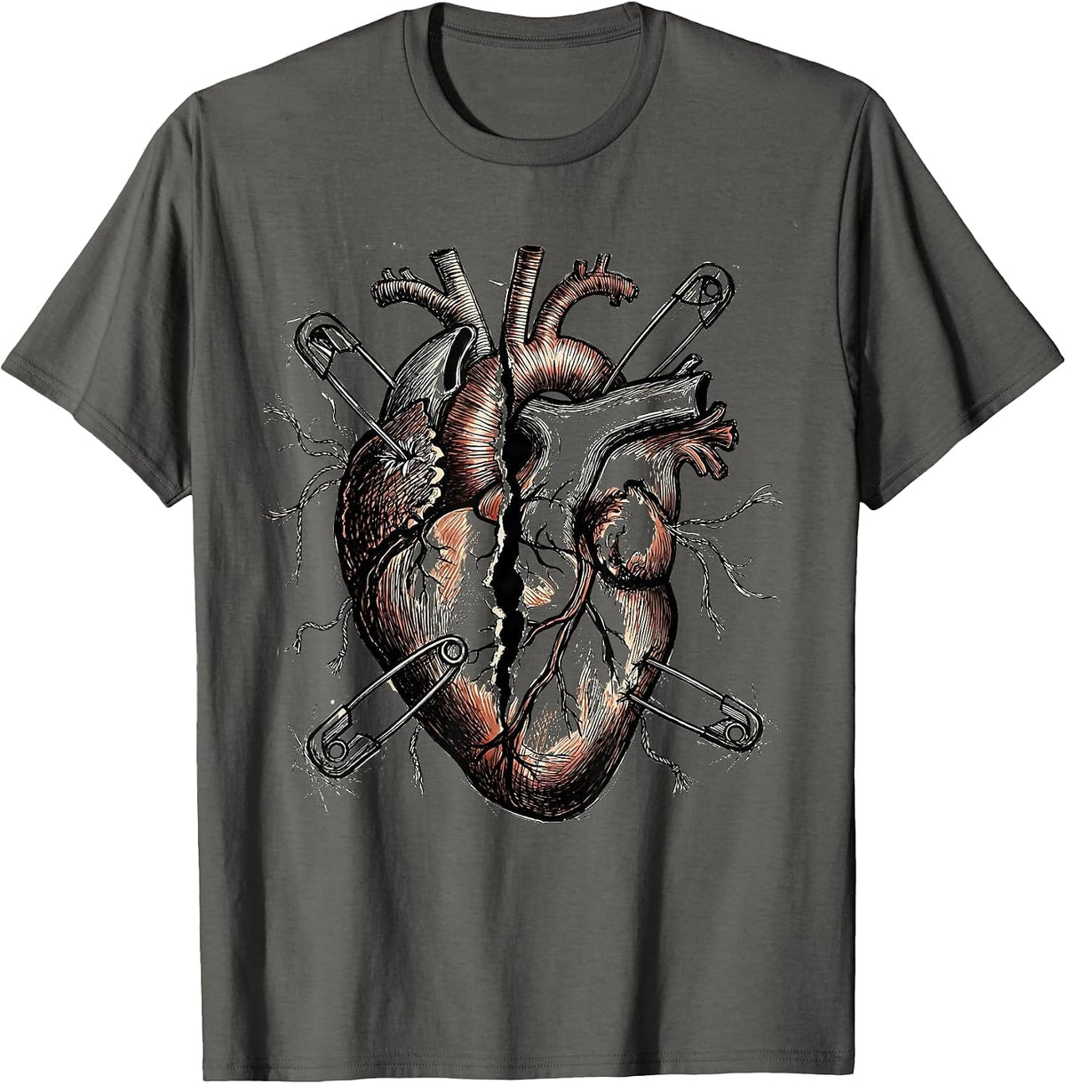 Grunge Safety Pin Torn Heart Illustration T-Shirt - Asphalt Grey
