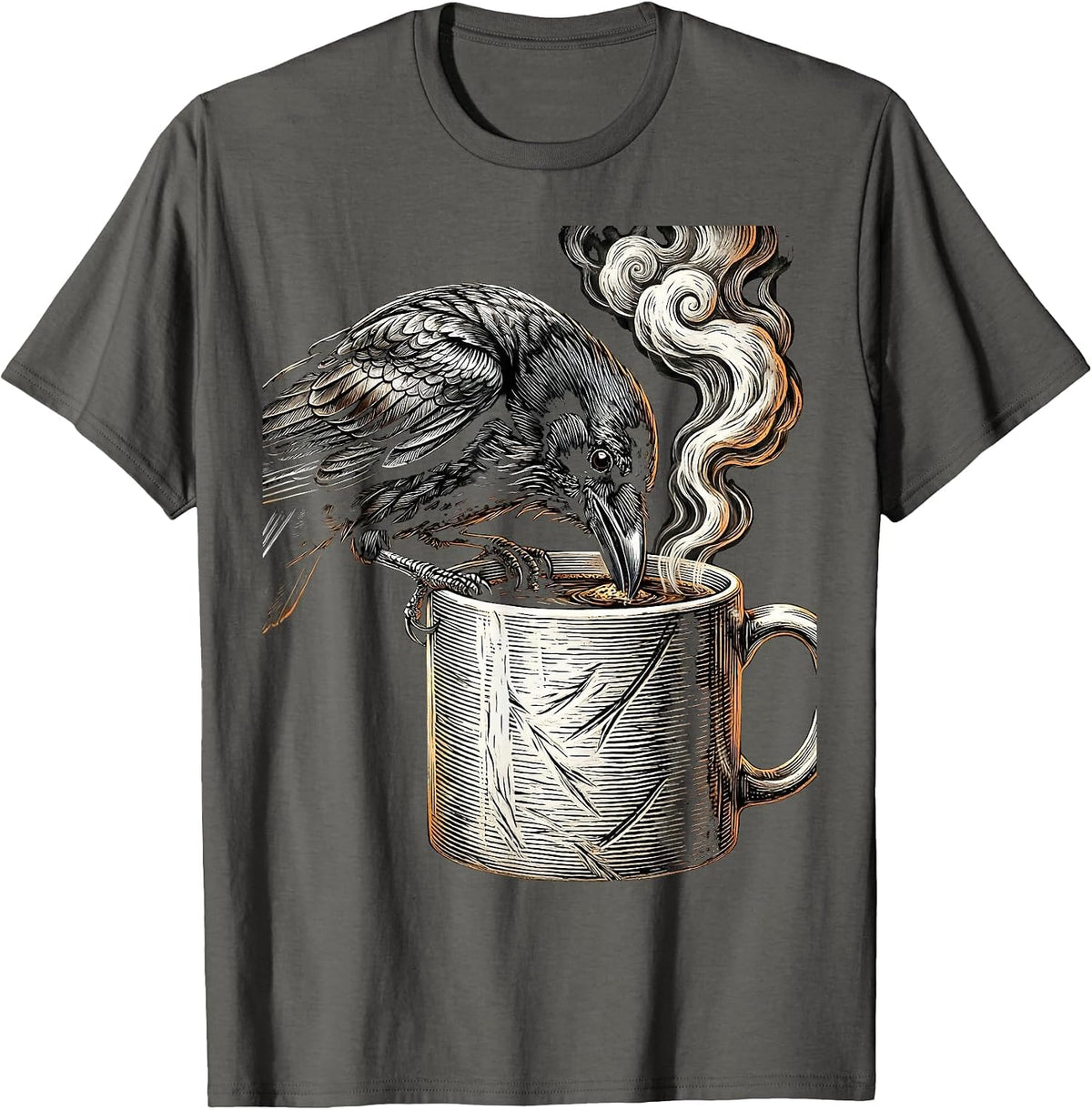 Men's Crow Sipping Coffee Funny Bird Art Design T-Shirt - Asphalt Grey