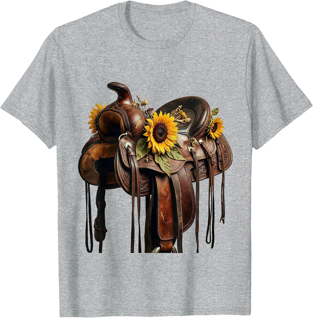Men's Sunflower Saddle Cowgirl Western Floral Illustration T-Shirt - Heather Grey