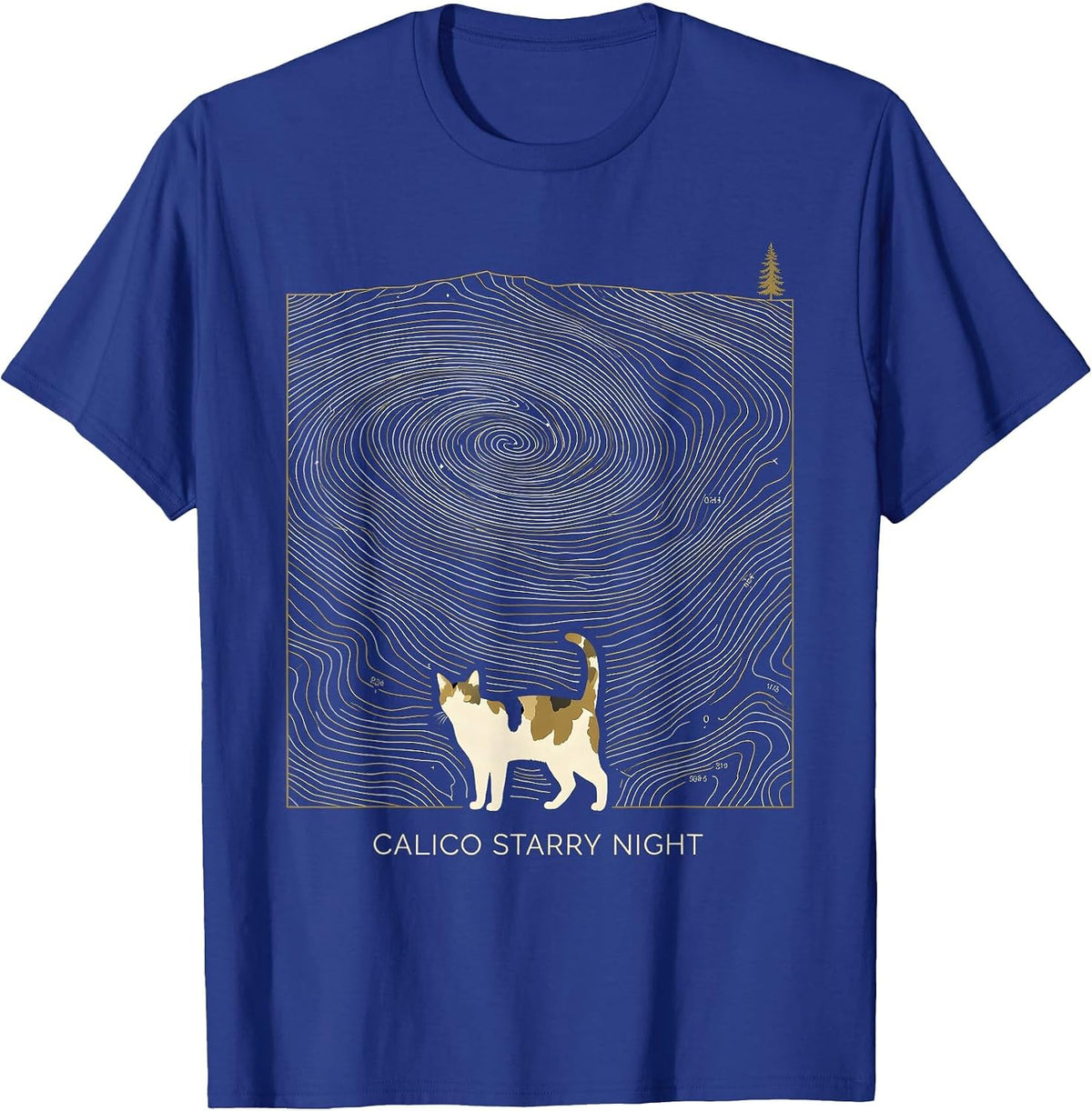 Men's Calico Starry Night Whimsical Van Gogh Cat Lover Art T-Shirt - Royal Blue