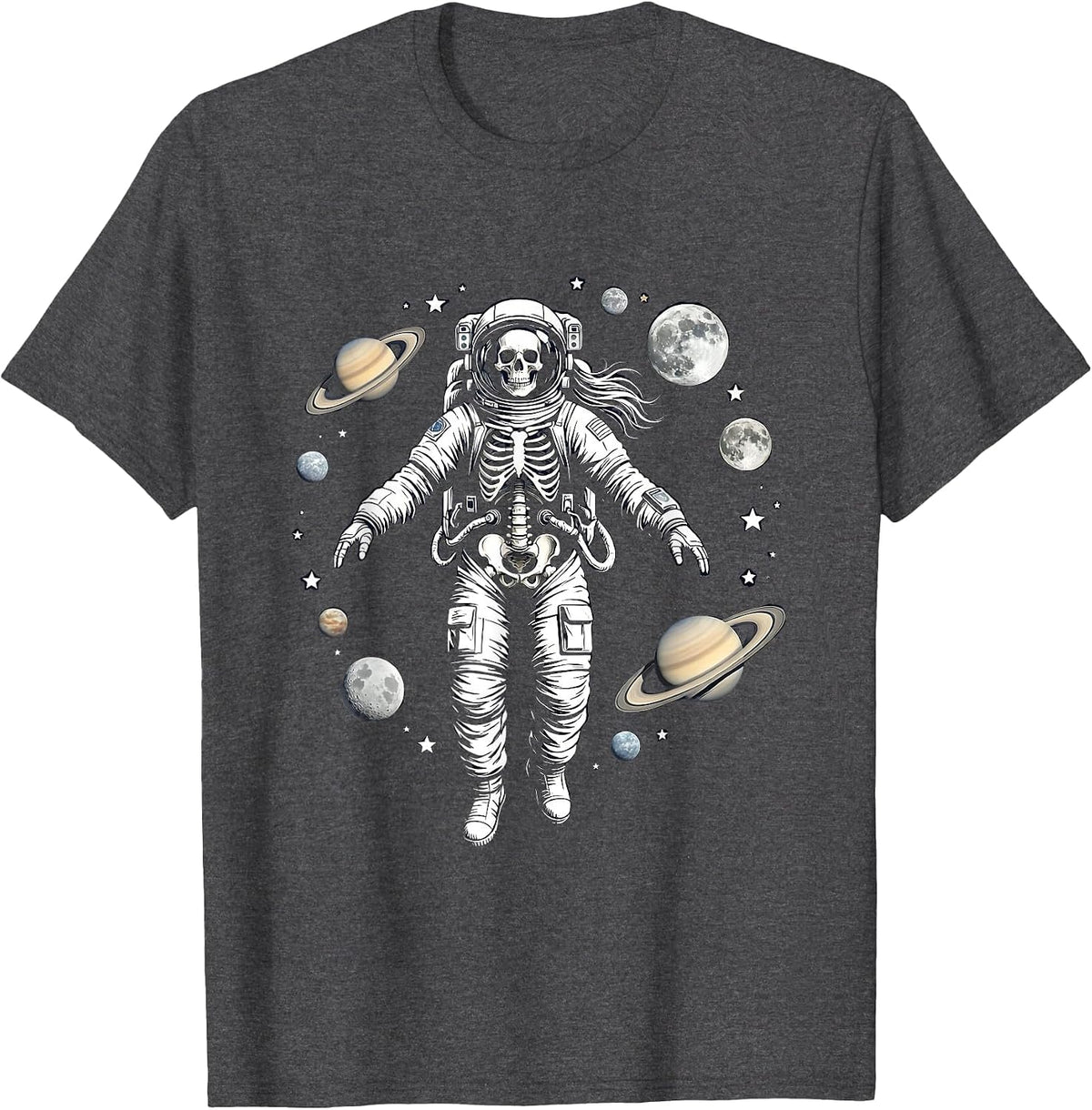 Men's Skeleton Astronaut Floating Among the Planets T-Shirt - Dark Heather Grey