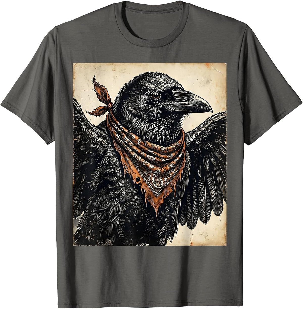 Men's Crow With Bandana Mask Outlaw Bird Illustration T-Shirt - Asphalt Grey