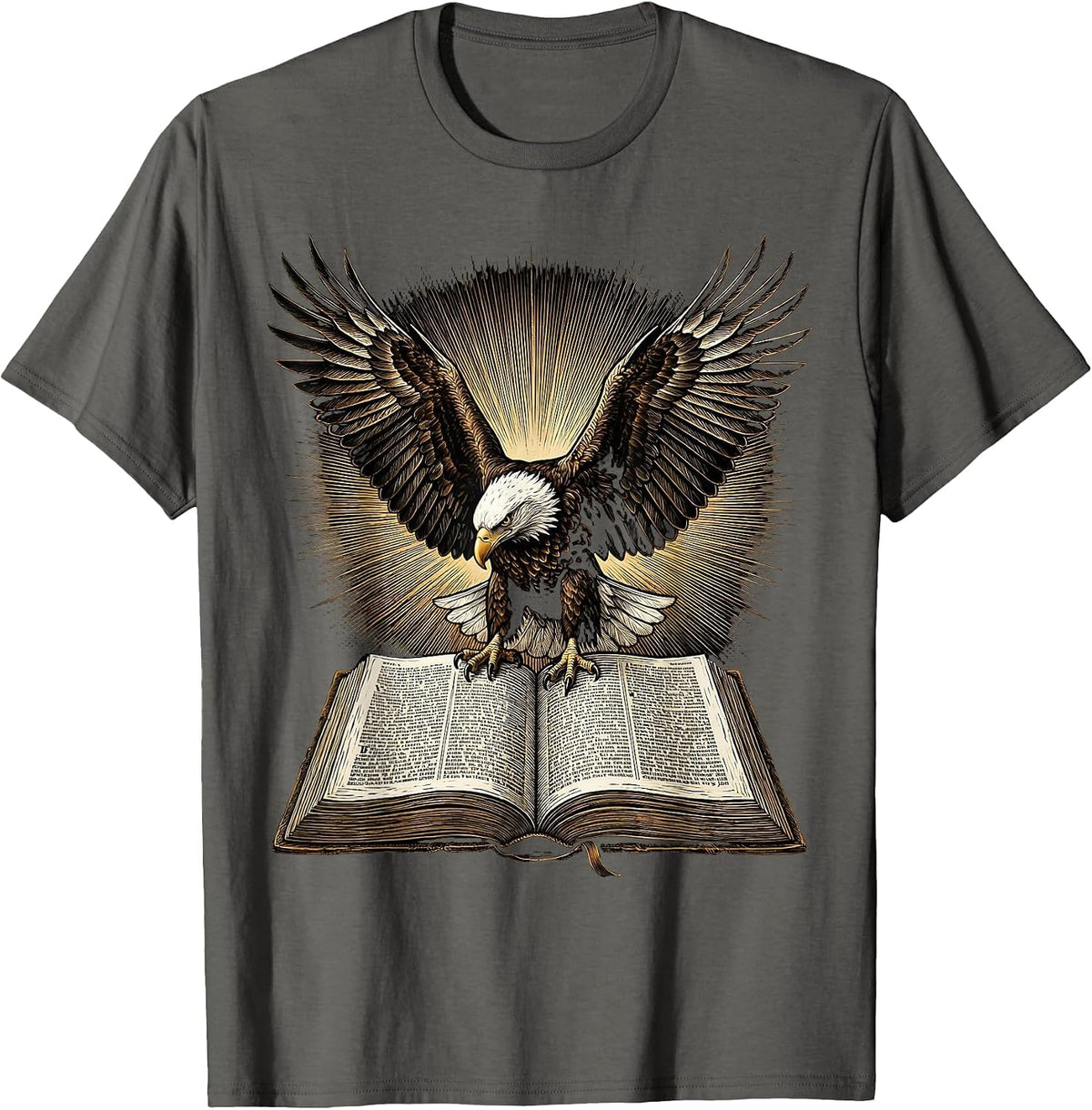 Men's Bald Eagle Over Bible Patriotic Christian Graphic T-Shirt - Asphalt Grey