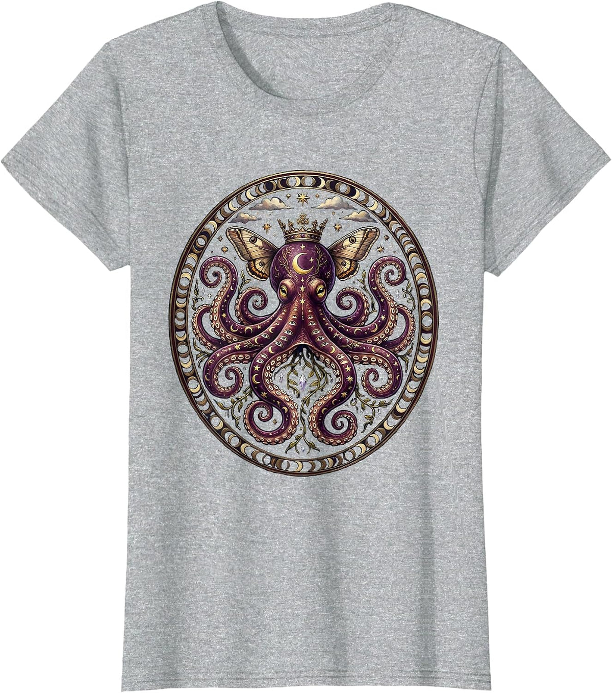 Women's Regal Octopus Wearing a Tiny Golden Crown T-Shirt - Heather Grey