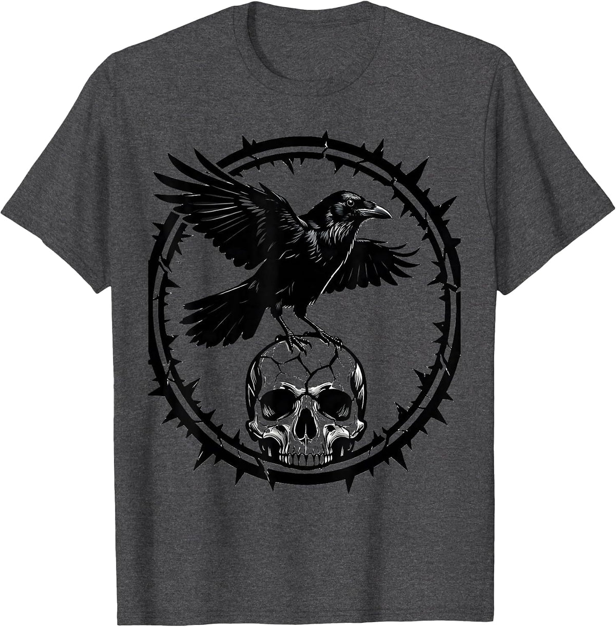 Men's Crow Perched on Skull Dark Gothic Horror Design T-Shirt - Dark Heather Grey