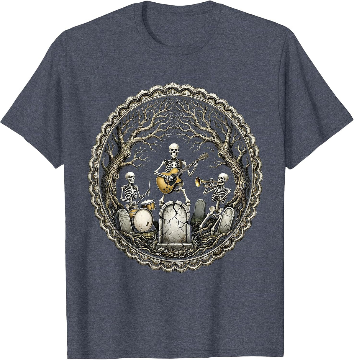 Skeleton Band Graveyard Concert Graphic T-Shirt - Heather Blue