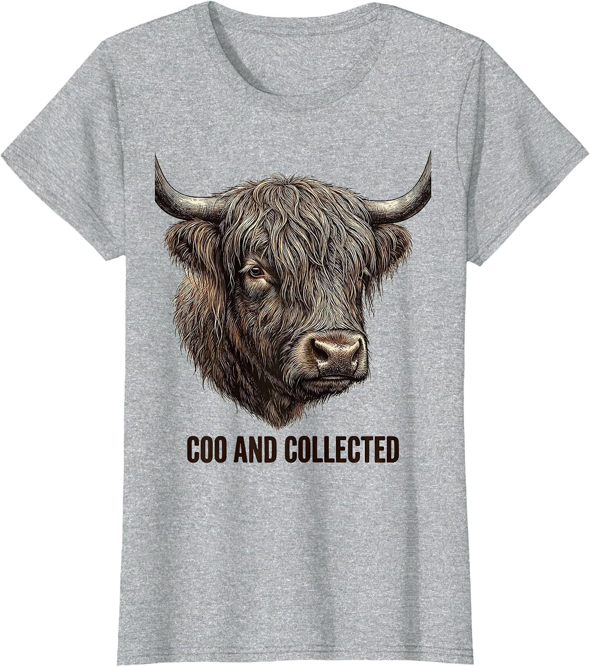 Coo And Collected Crosshatch Etching Highland Cow Humor T-Shirt - Heather Grey