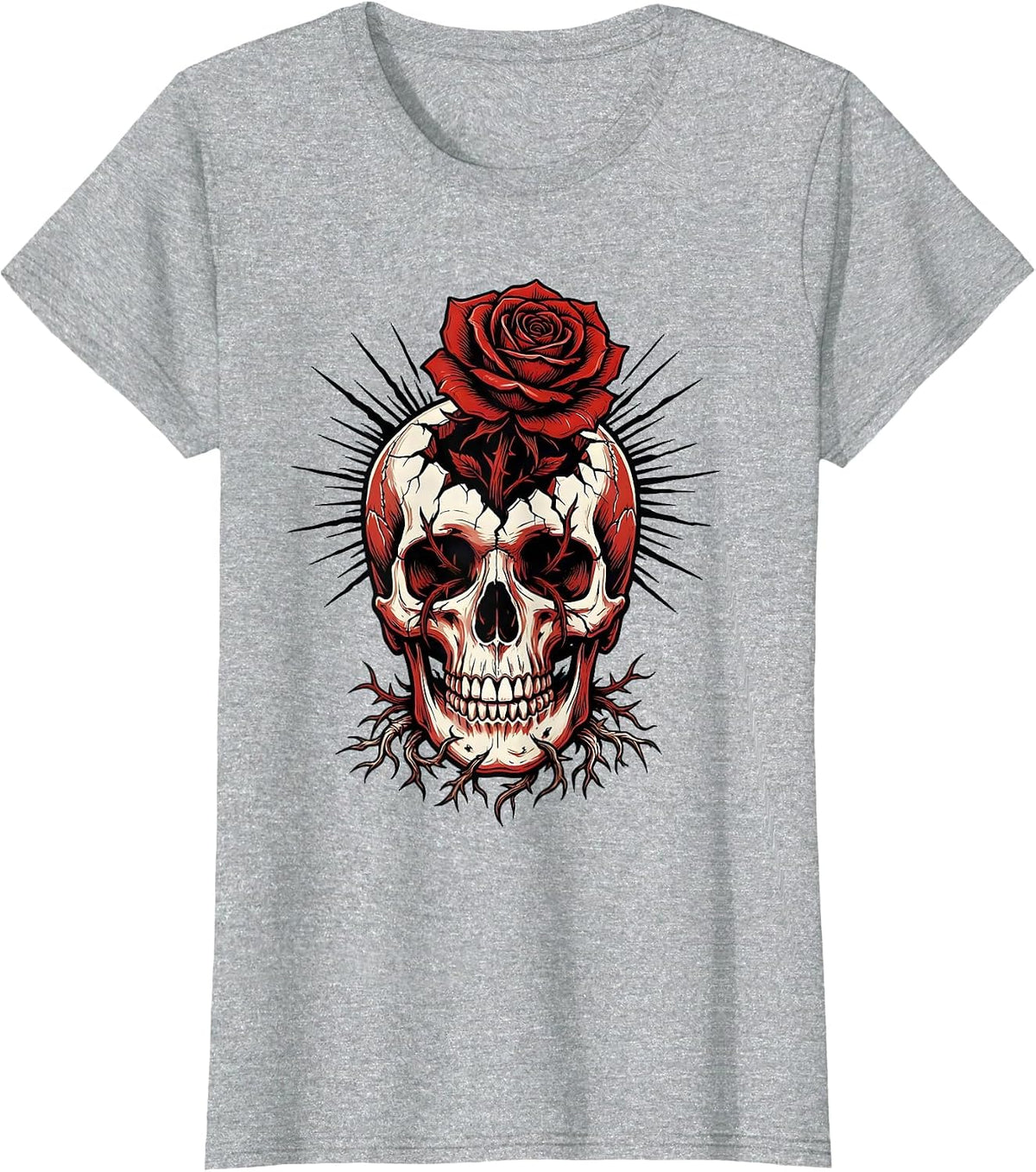 Emo Flower Cracked Skull Graphic Tee T-Shirt - Heather Grey