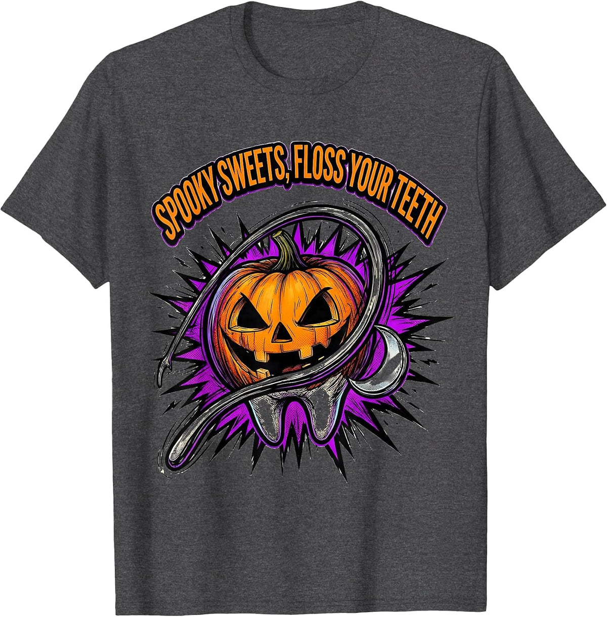 Spooky Sweets Floss Your Teeth Comic Book Dentist Halloween T-Shirt - Dark Heather Grey