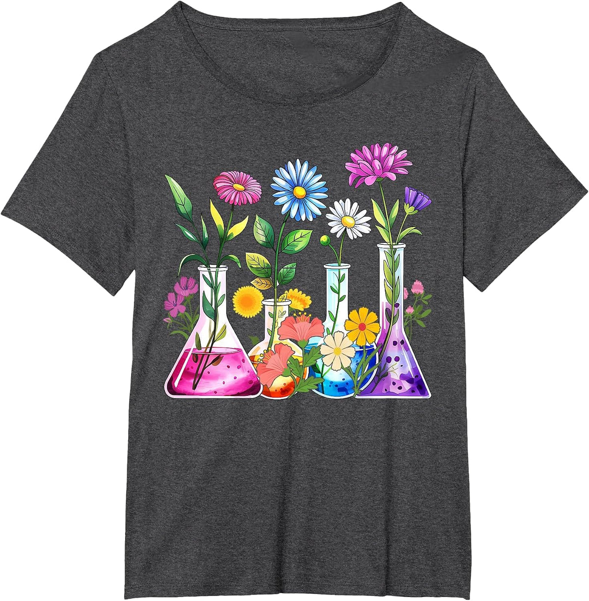 Floral Beakers Laboratory Chemistry Lab Scientist Lab Tech T-Shirt - Dark Heather Grey