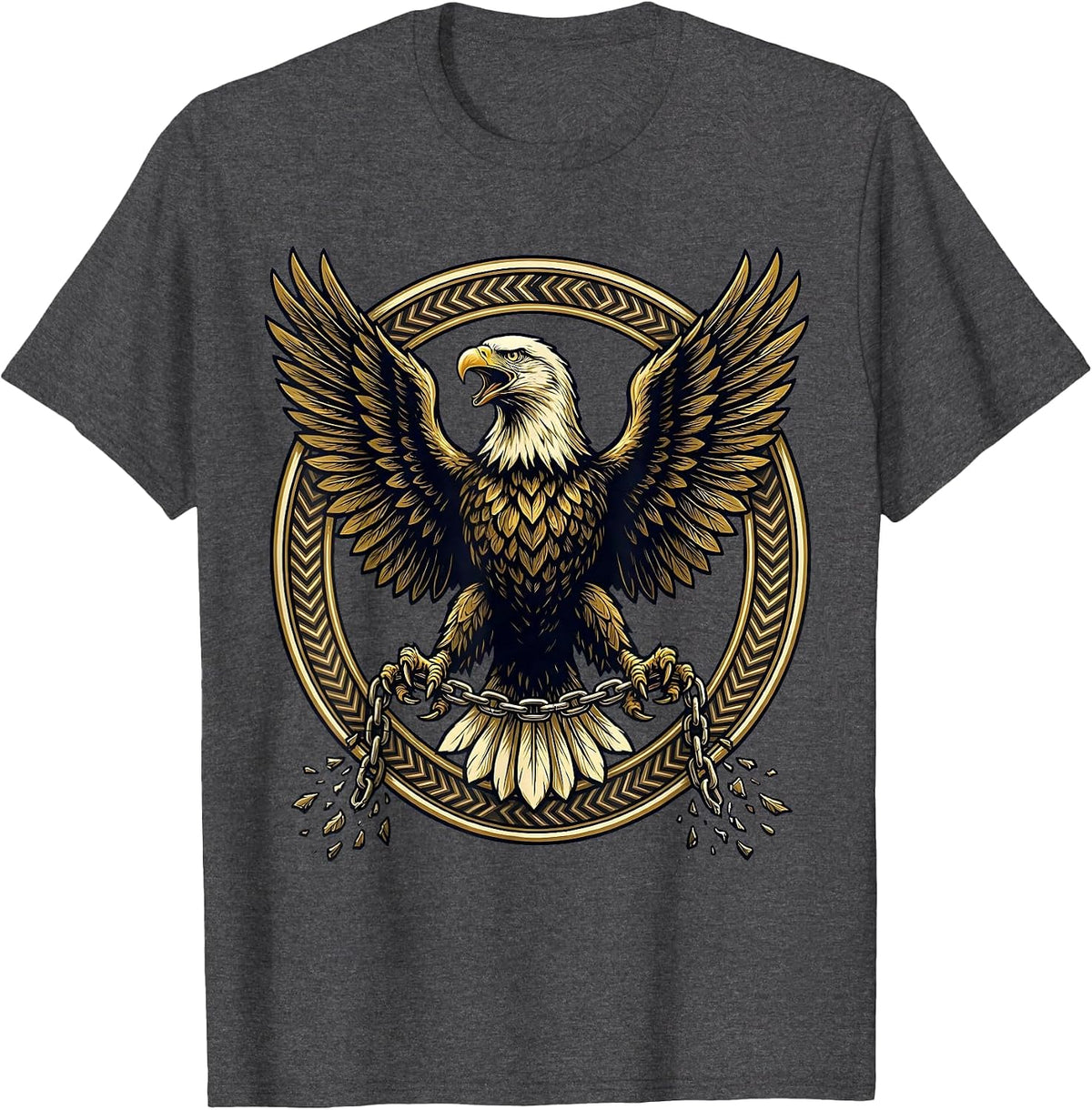 Men's Bald Eagle Breaking Chains Faith Family Freedom T-Shirt - Dark Heather Grey