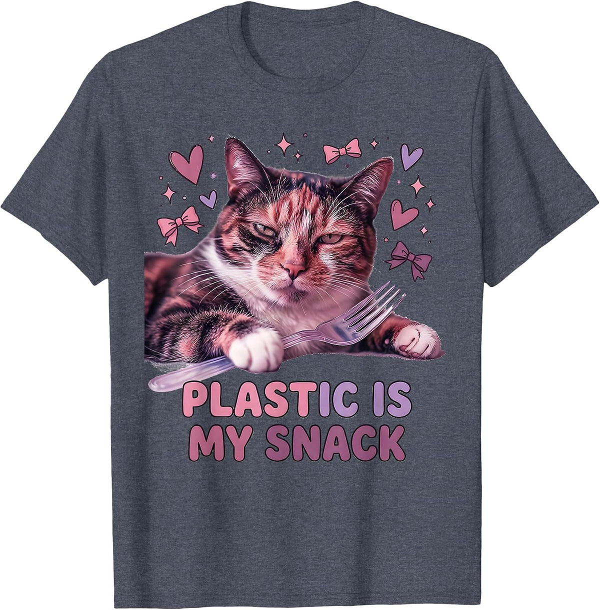 Plastic Is My Snack Cute Cat Meme Absurdist Irony T-Shirt - Heather Blue