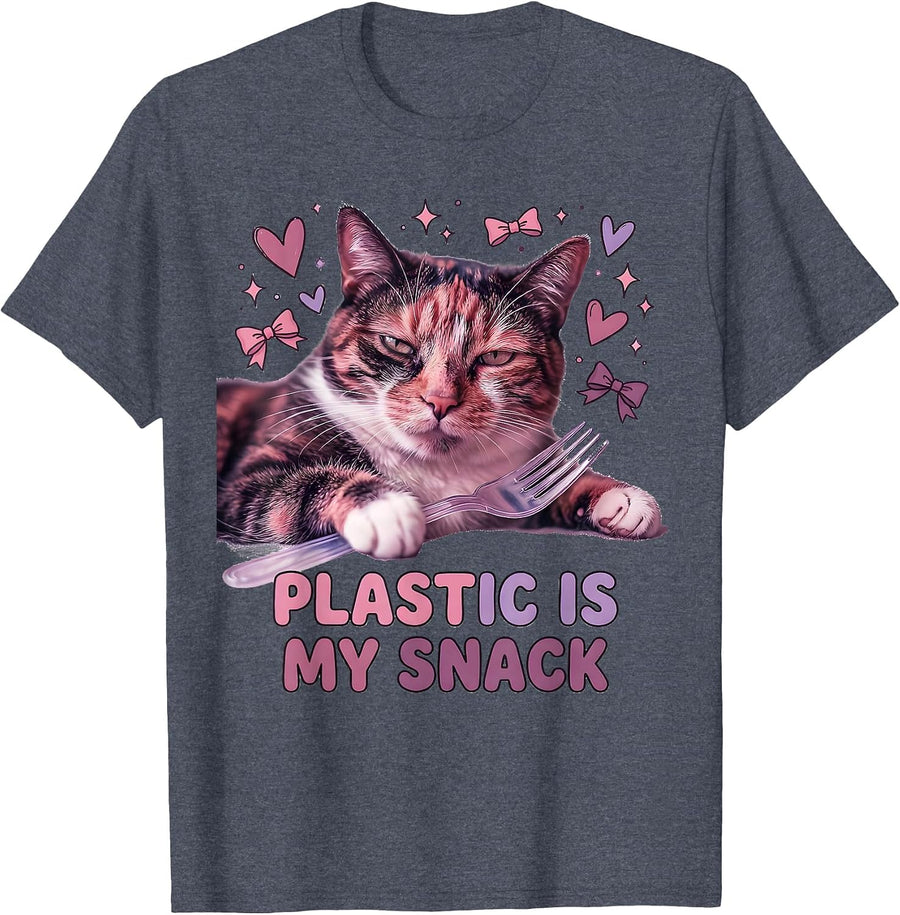 Plastic Is My Snack Cute Cat Meme Absurdist Irony T-Shirt - Heather Blue