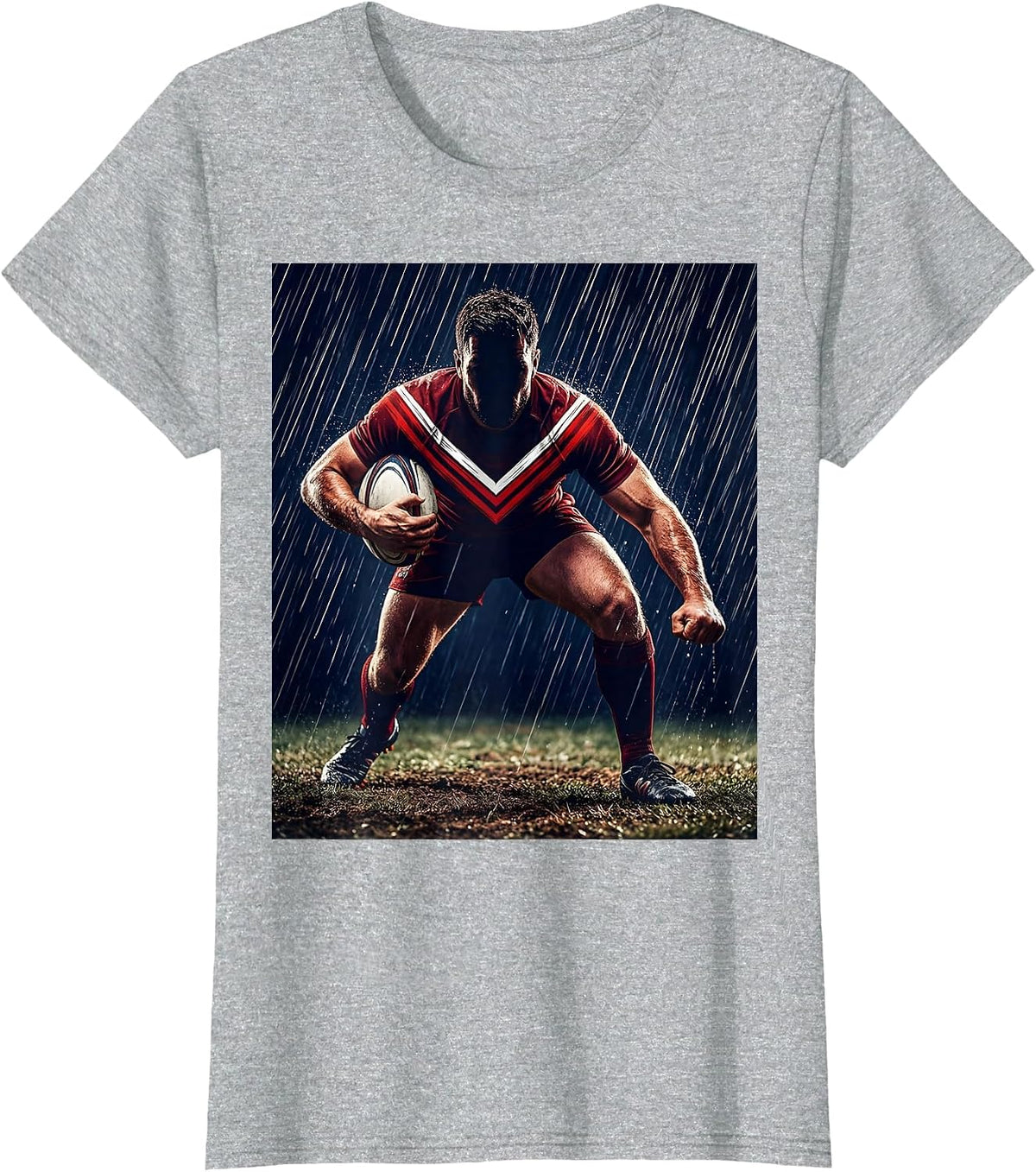Rugby Flanker Charging Through Rain Illustration T-Shirt - Heather Grey