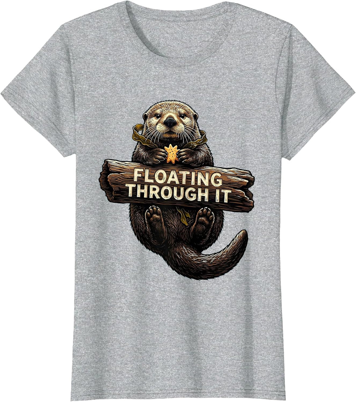 Floating Through It Linocut Sea Otter Humor Gift T-Shirt - Heather Grey