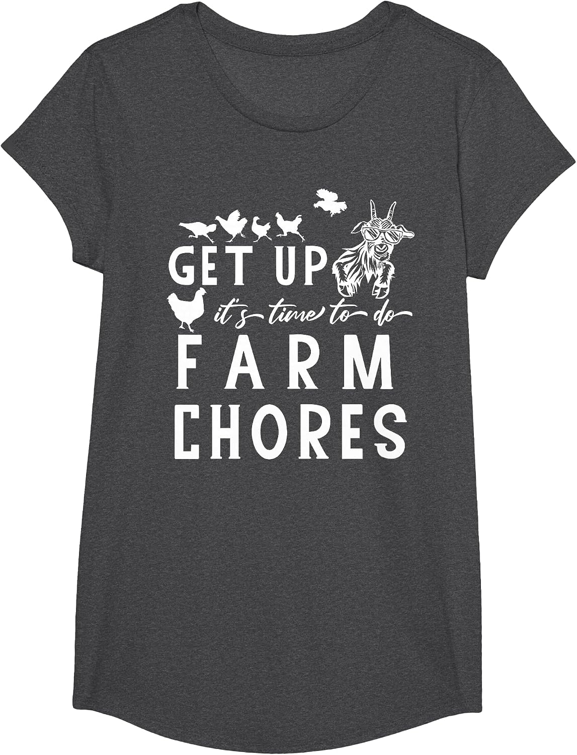 get up It's time to do Farm Chores Goat and Chickens Farm T-Shirt - Girls Dark Heather Grey