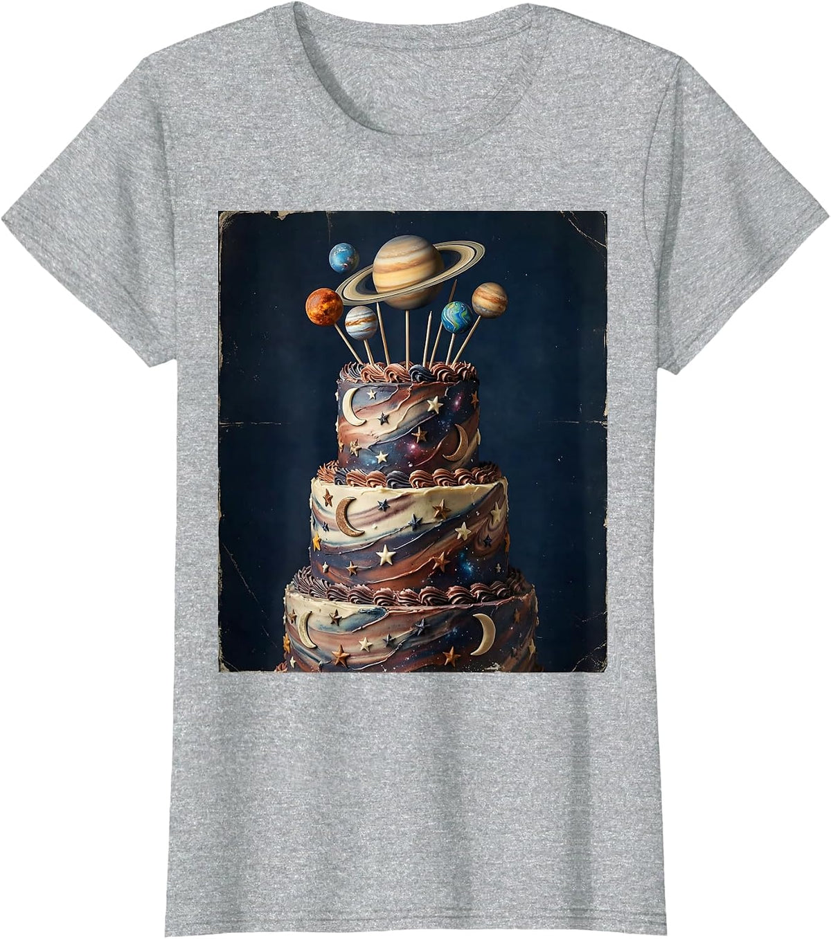 Galaxy Birthday Cake with Planet Toppers Illustration T-Shirt - Heather Grey