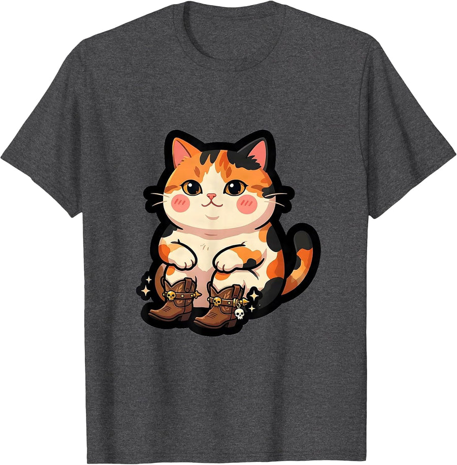 Men's Meowboys Calico Cat Cowboy Boots Spurs Porch T-Shirt - Dark Heather Grey