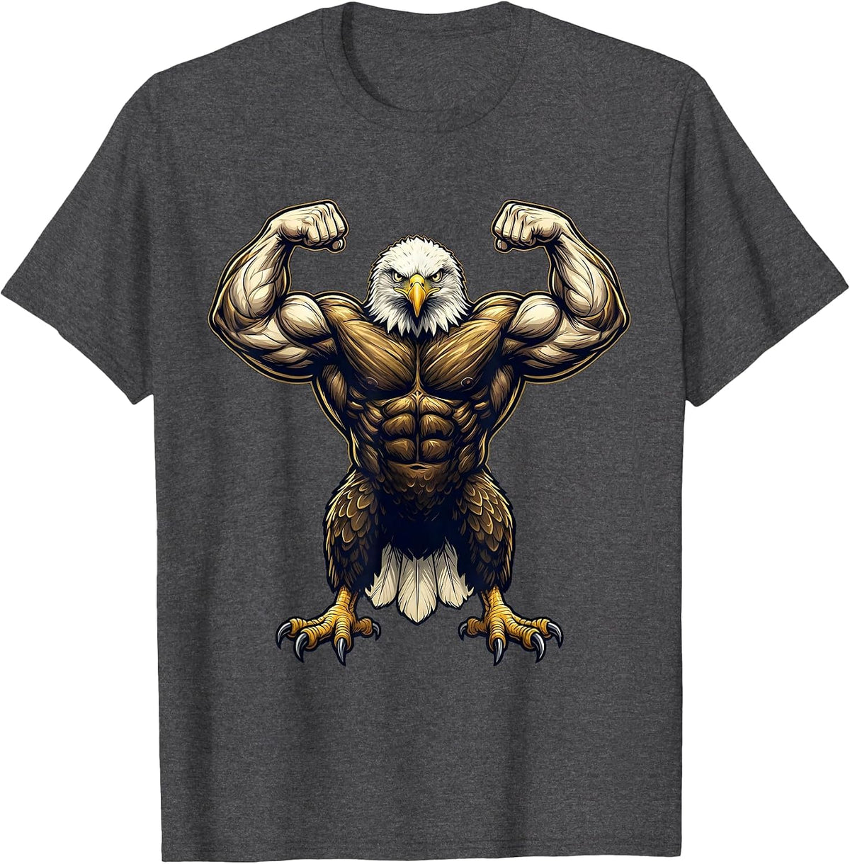 Bald Eagle Flexing Huge Muscles Funny Graphic T-Shirt - Dark Heather Grey