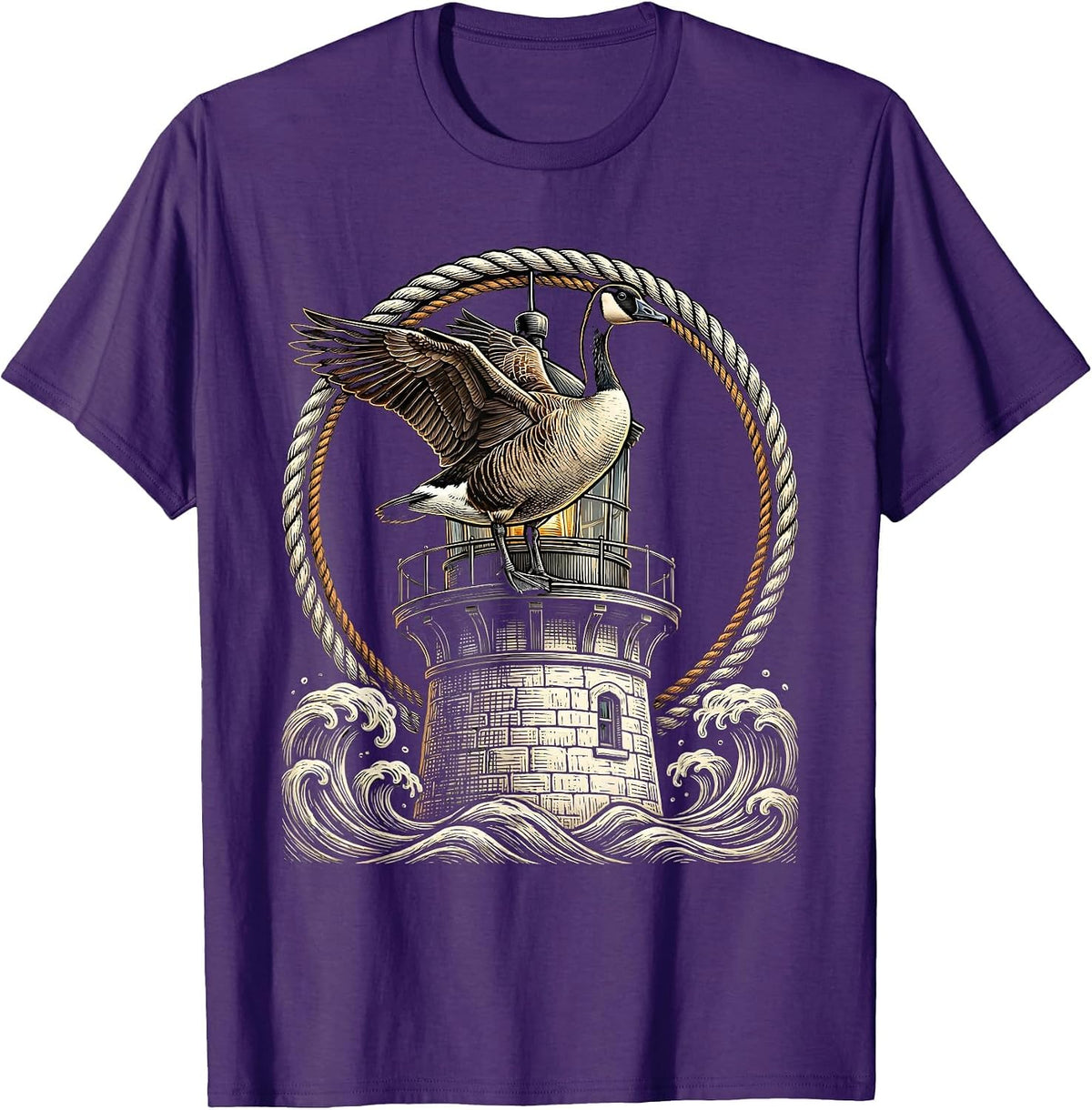 Goose on a Vintage Lighthouse Graphic T-Shirt - Purple
