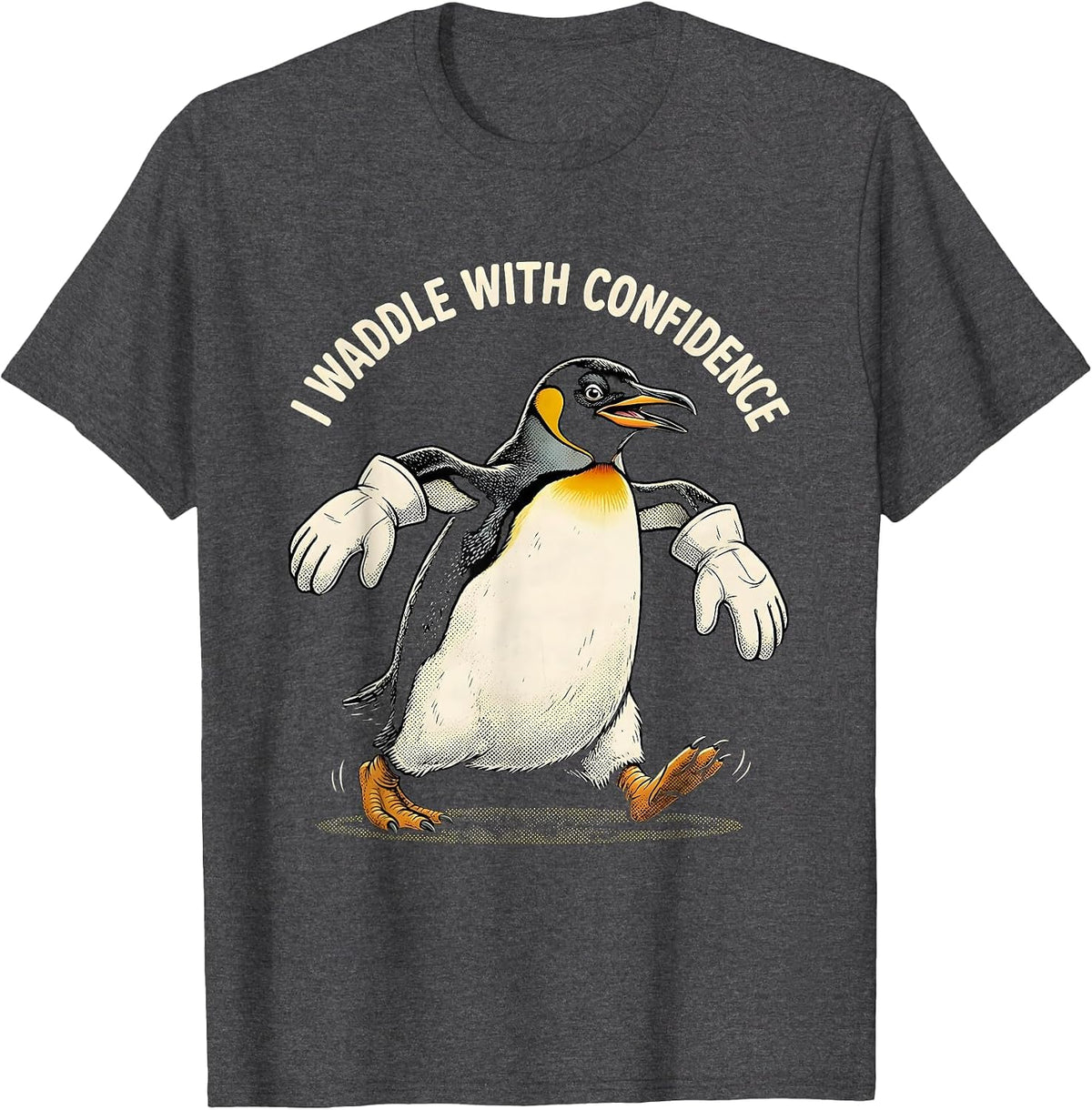 Men's I Waddle With Confidence Funny Penguin Lover Retro Cartoon T-Shirt - Dark Heather Grey