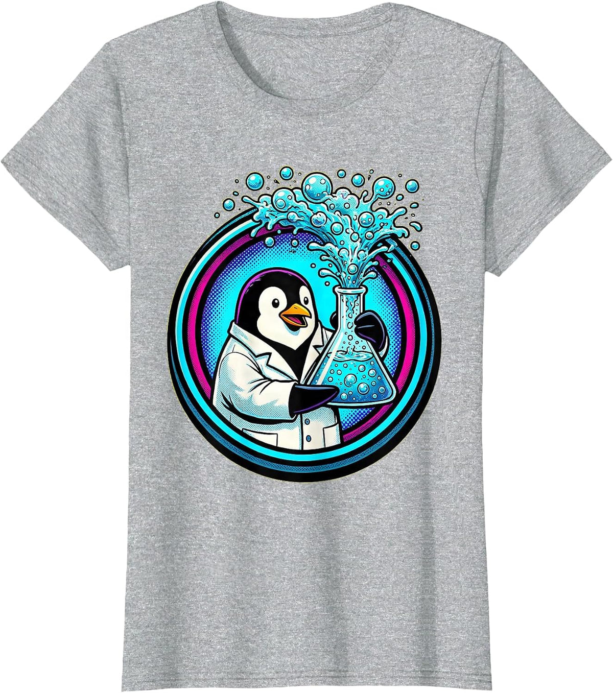 Penguin Scientist with Bubbling Laboratory Flask T-Shirt - Heather Grey