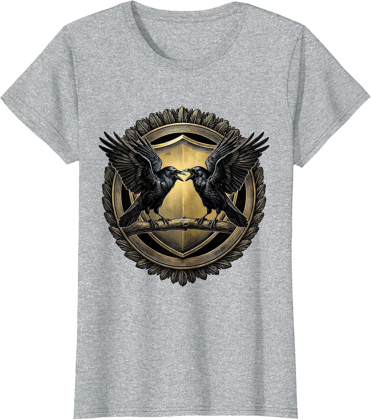 Two Crows Facing Off on a Branch Illustration T-Shirt - Heather Grey