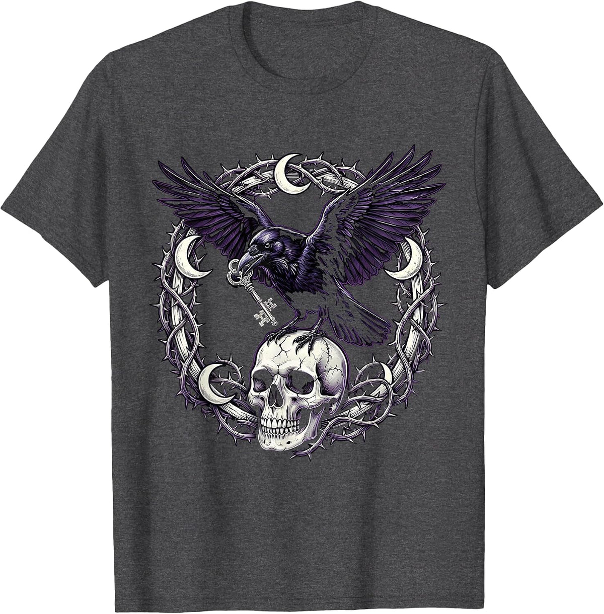 Goth Crow Holding a Key Illustration T-Shirt - Dark Heather Grey