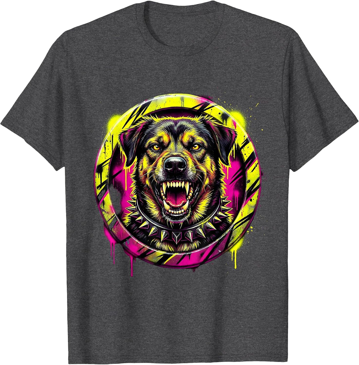 Punk Rock Snarling Studded Collar Dog Graphic T-Shirt - Dark Heather Grey