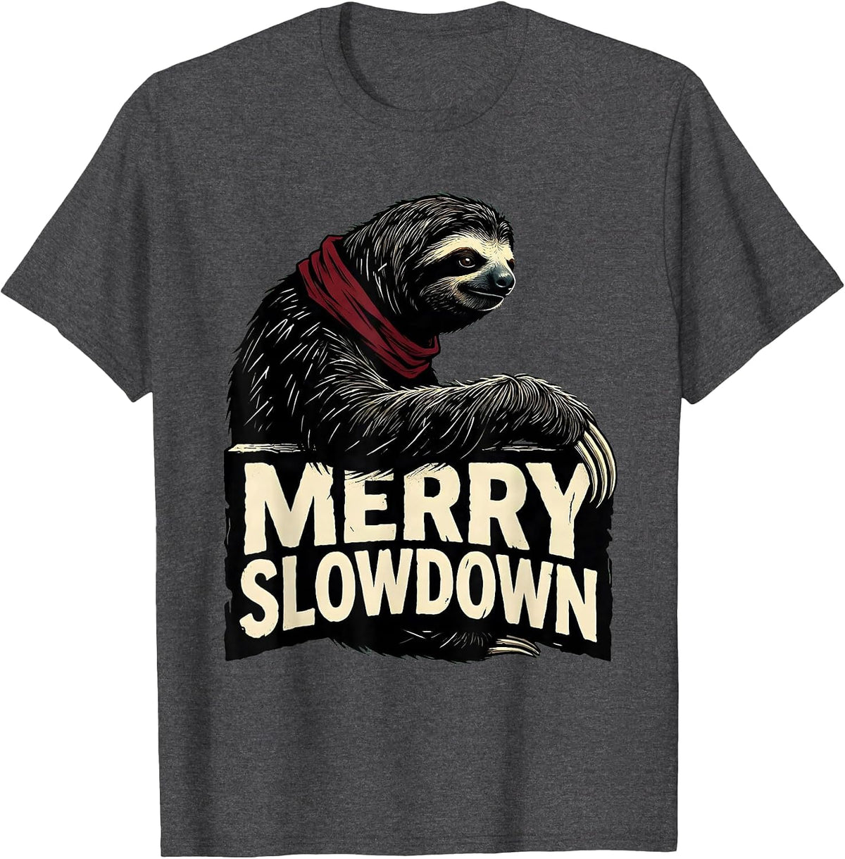Men's Merry Slowdown Linocut Funny Sloth Lover Christmas Pajama T-Shirt - Dark Heather Grey