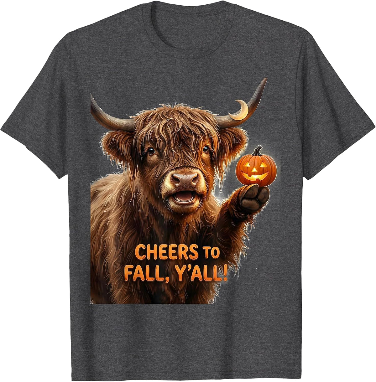 Men's Cheers To Fall, Y'all! Funny Highland Cow Halloween Pun T-Shirt - Dark Heather Grey