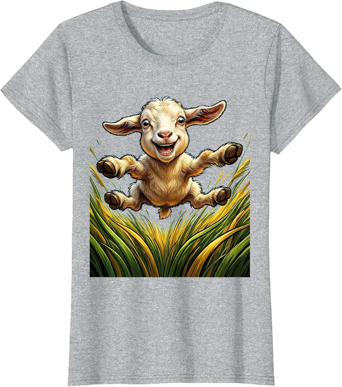 Women's Baby Goat Leaping Through Tall Grass Illustration T-Shirt - Heather Grey