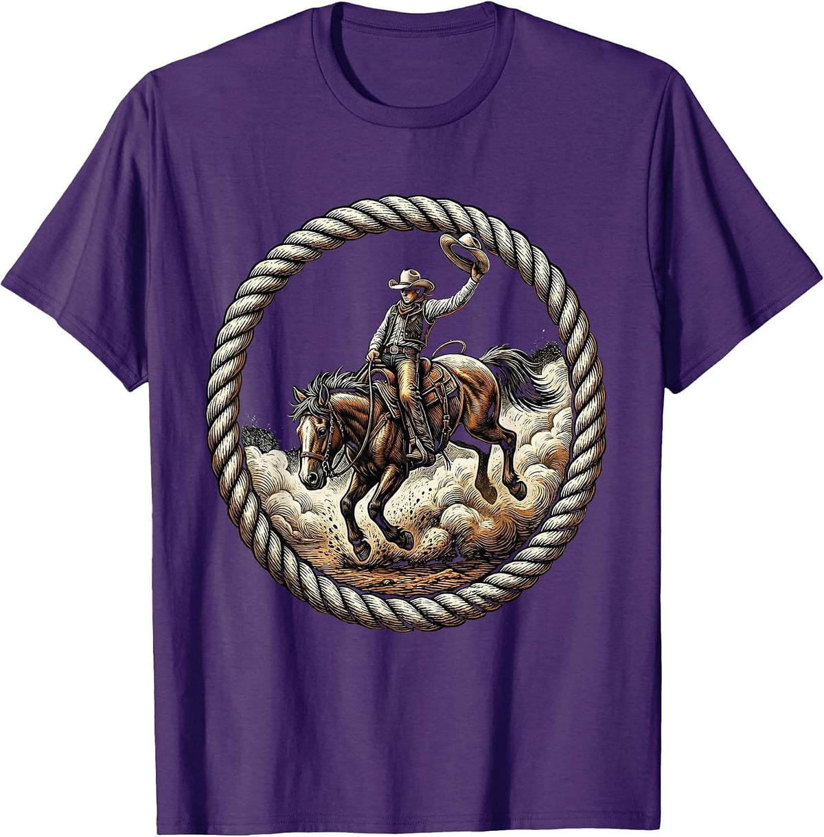 Cowboy Riding Bucking Bronco Dust Cloud Graphic T-Shirt - Purple