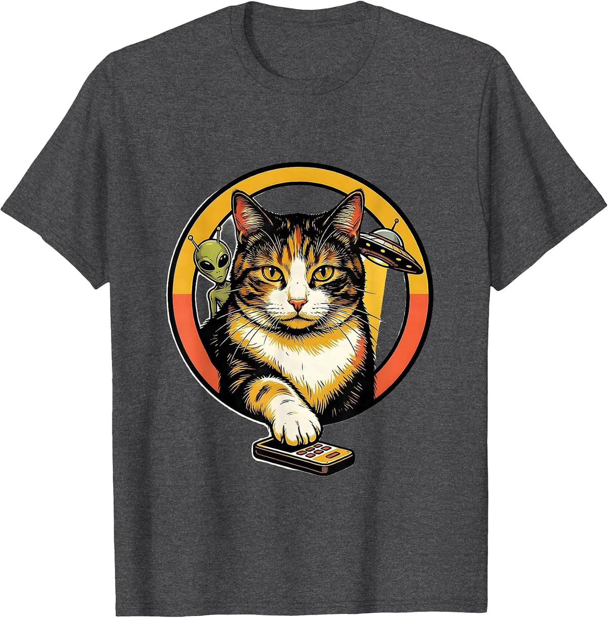 Cat Selfie With Alien UFO Funny Cat Lover Gift T-Shirt - Dark Heather Grey