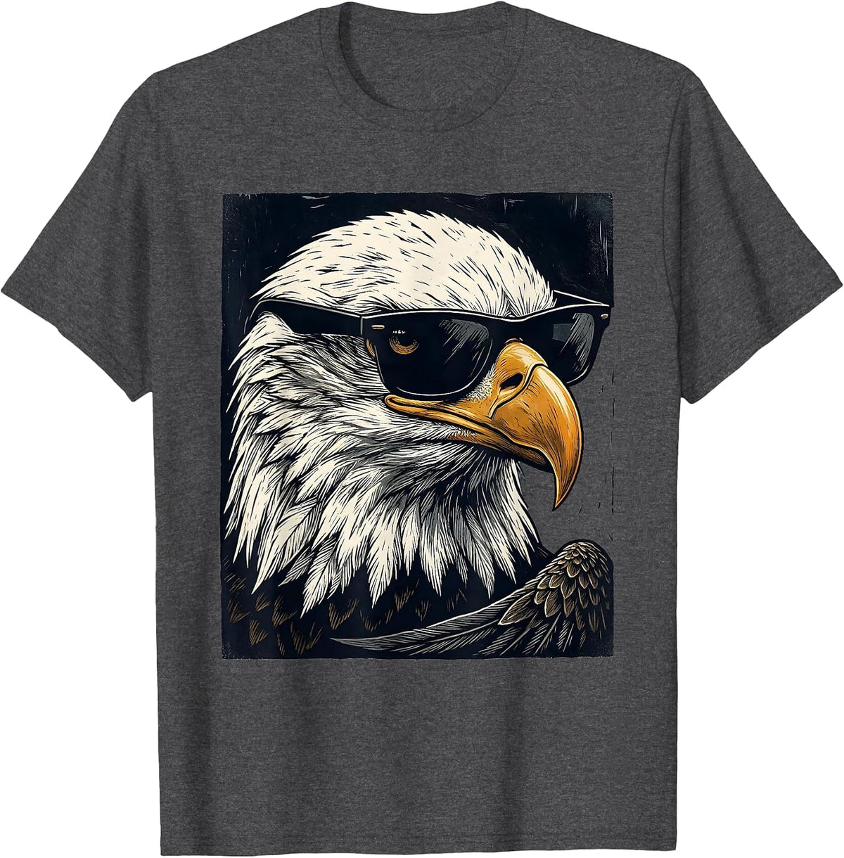 Bald Eagle Sunglasses Linocut Mascot Humor T-Shirt - Dark Heather Grey