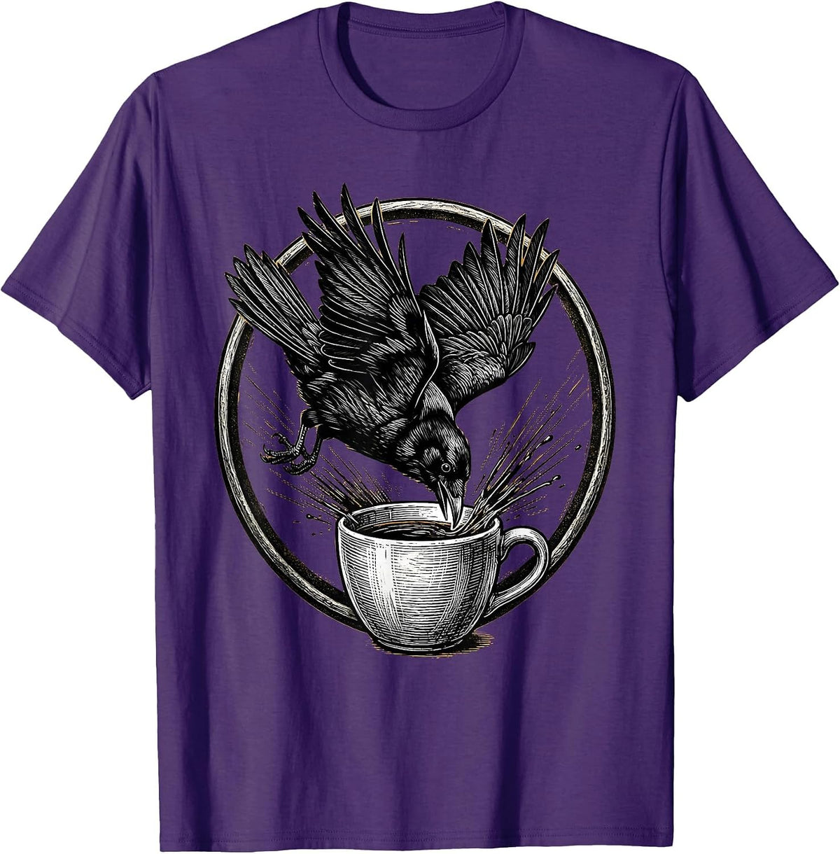 Men's Crow Diving Into Coffee Mug Funny Bird Art T-Shirt - Purple